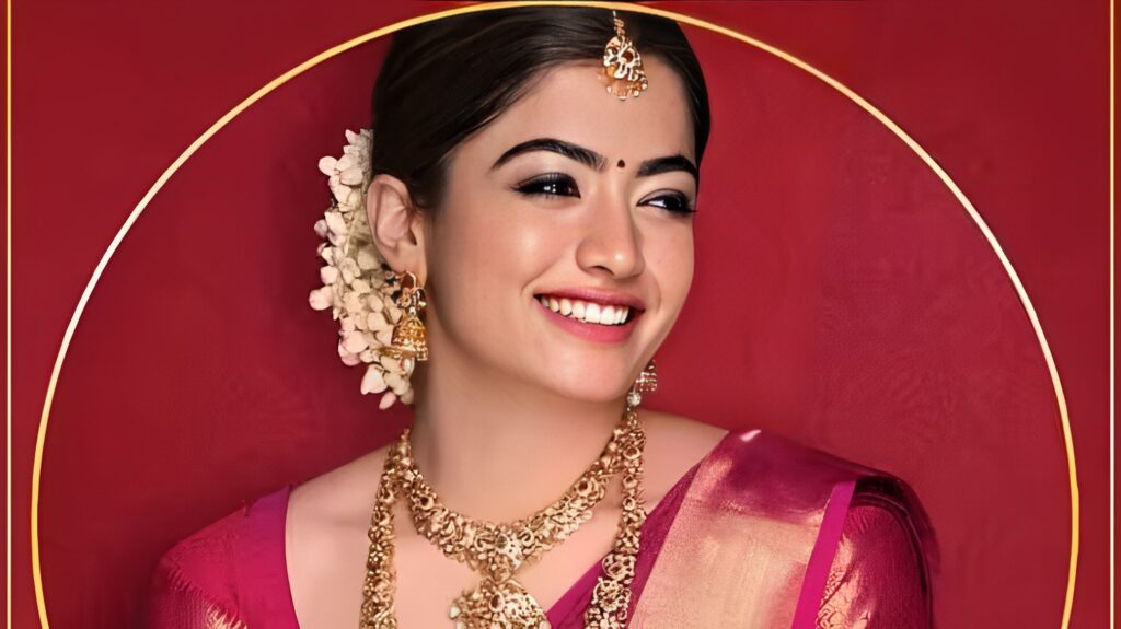 Rashmika Mandanna Wearing Red Saree And Golden Jewellery Photos