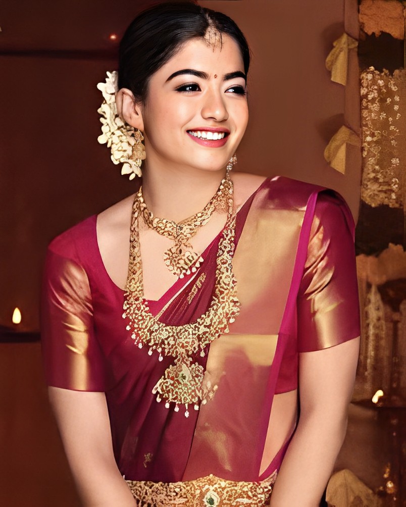 Rashmika Mandanna Red Saree And Jewellery Photos