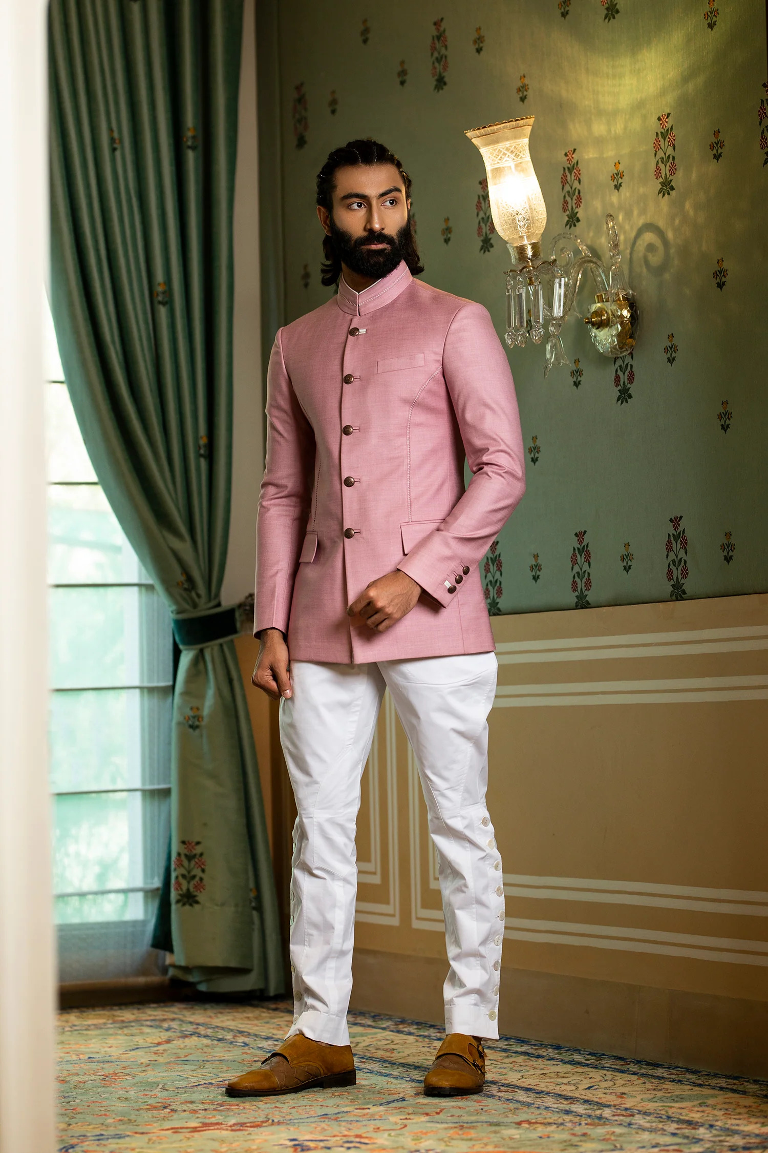 Pink Jodhpuri Jacket And White Jodhpuri Pants