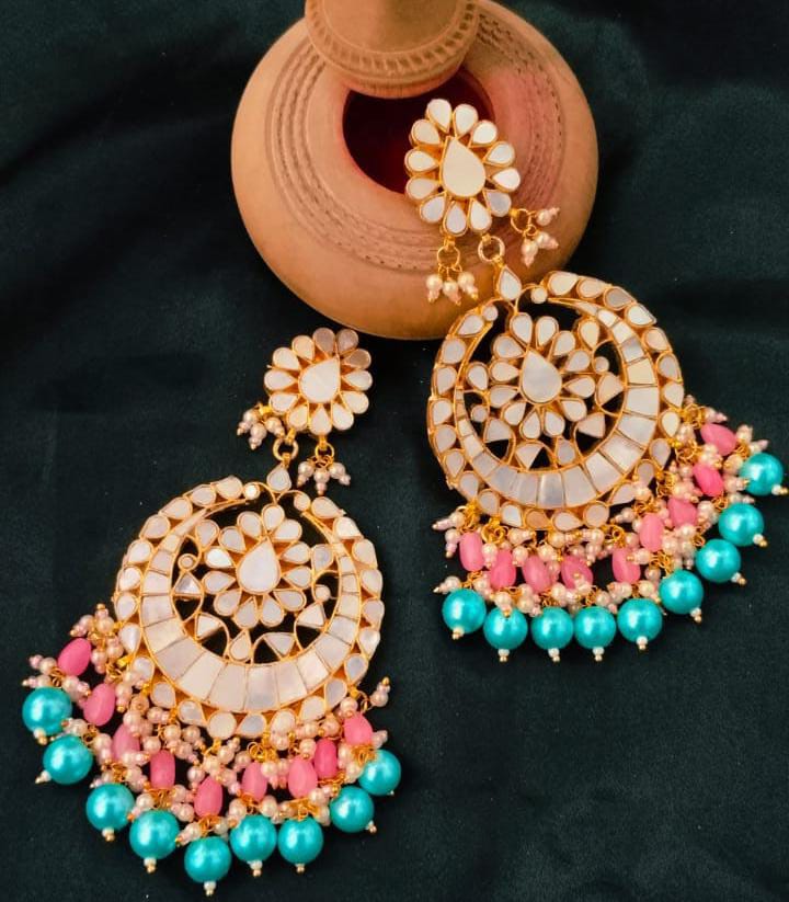 Pink and sky blue pachi kundan earring matching for each color of kurtis