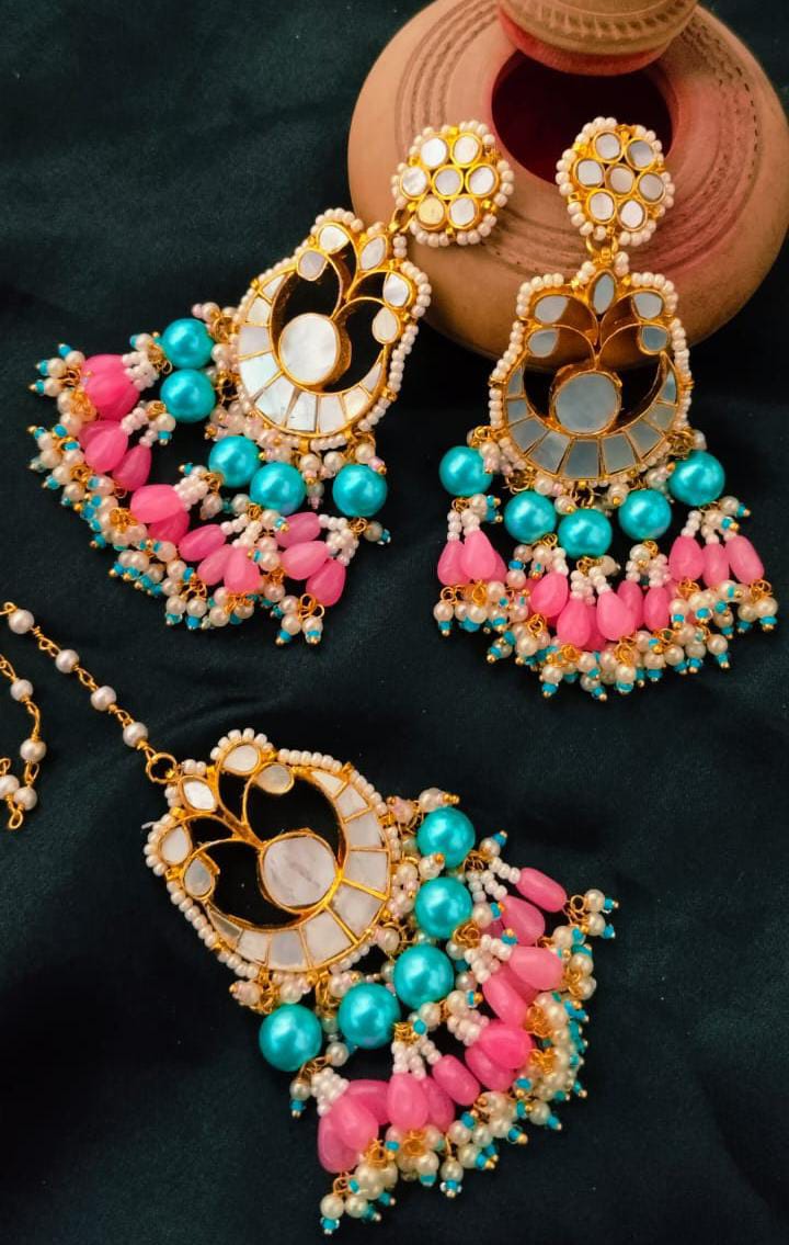 Pink and sky blue pachi kundan earrings matching for each color of kurtis